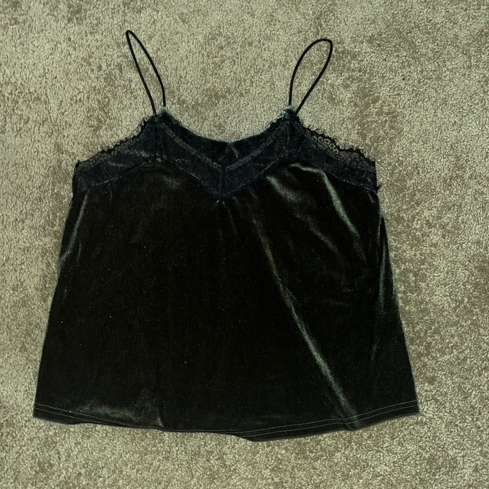 Emerald Green Velvet top with Lace trim- Size Small